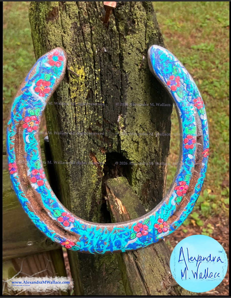 Flowers with blue-themed hand-painted horseshoes from Libby's friends (free shipping)