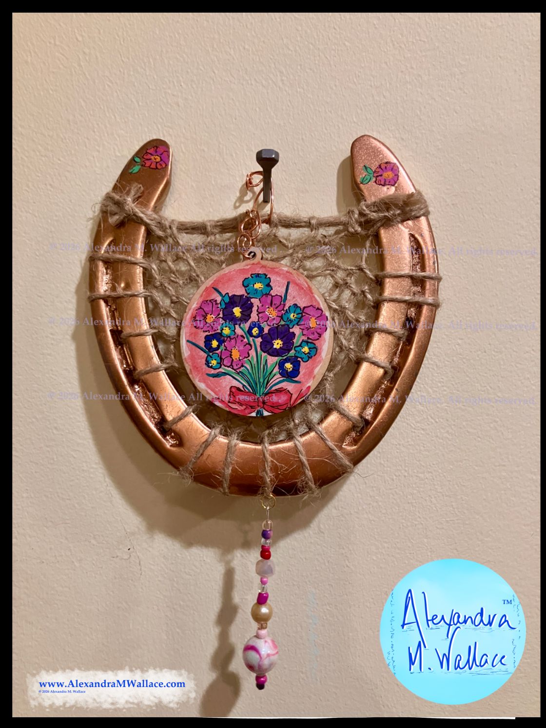 Flowers in a bow pink and copper-themed hand-painted dreamcatcher horseshoes from Libby's friends (free shipping)