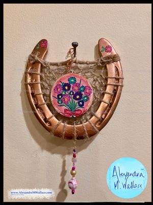 Flowers in a bow pink and copper-themed hand-painted dreamcatcher horseshoes from Libby's friends (free shipping)