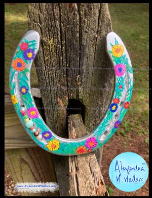 Flowers with silver and green-themed hand-painted horseshoes with beads from Libby's friends (free shipping)