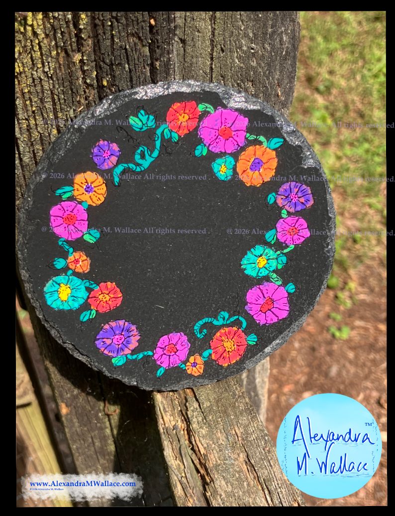 Slate Coaster ROUND: Flowers HAND-PAINTED FREE SHIPPING