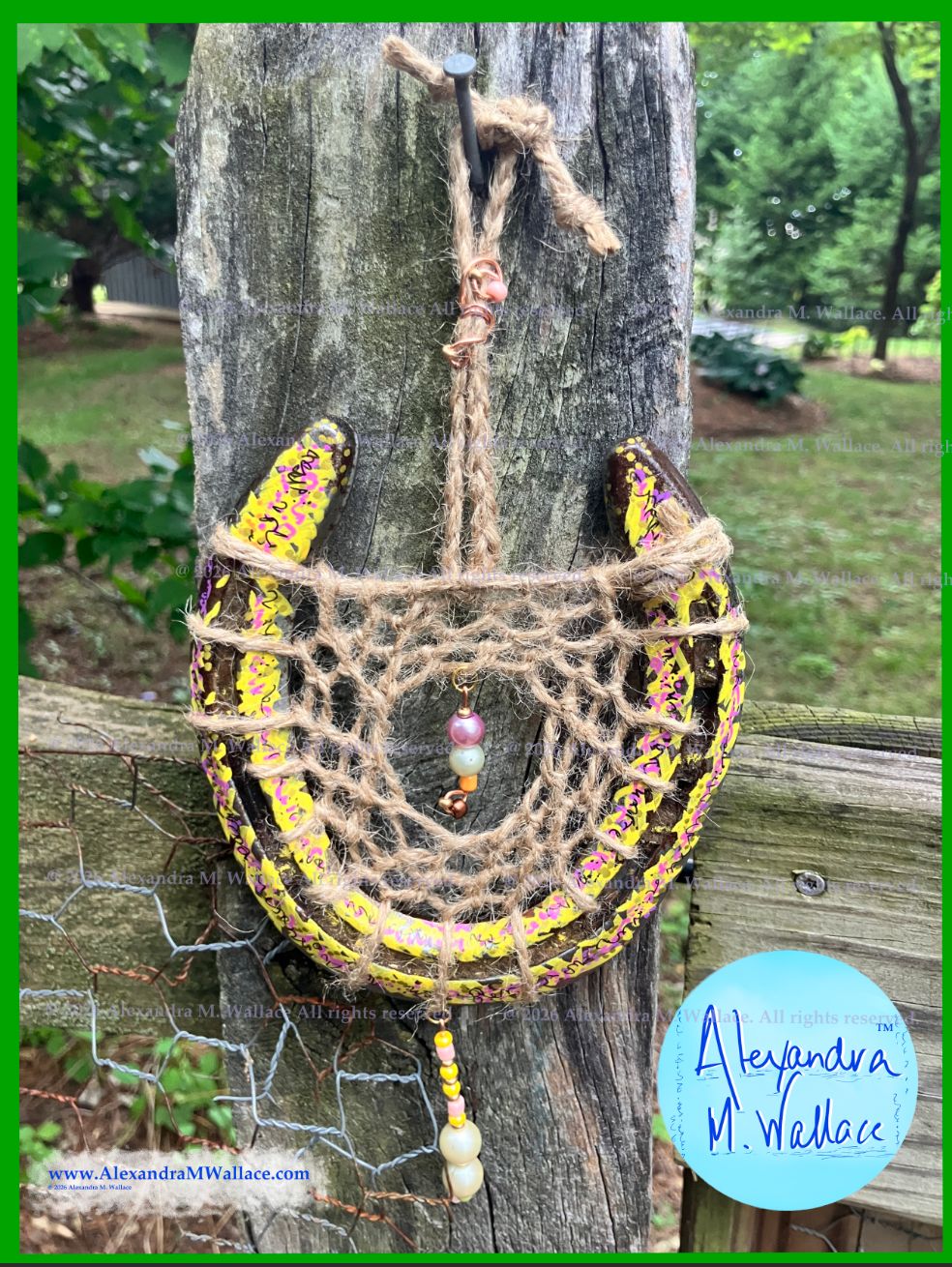 Yellow and pink hand-painted dreamcatcher horseshoes with copper and beaded accents from Libby's friends (free shipping)