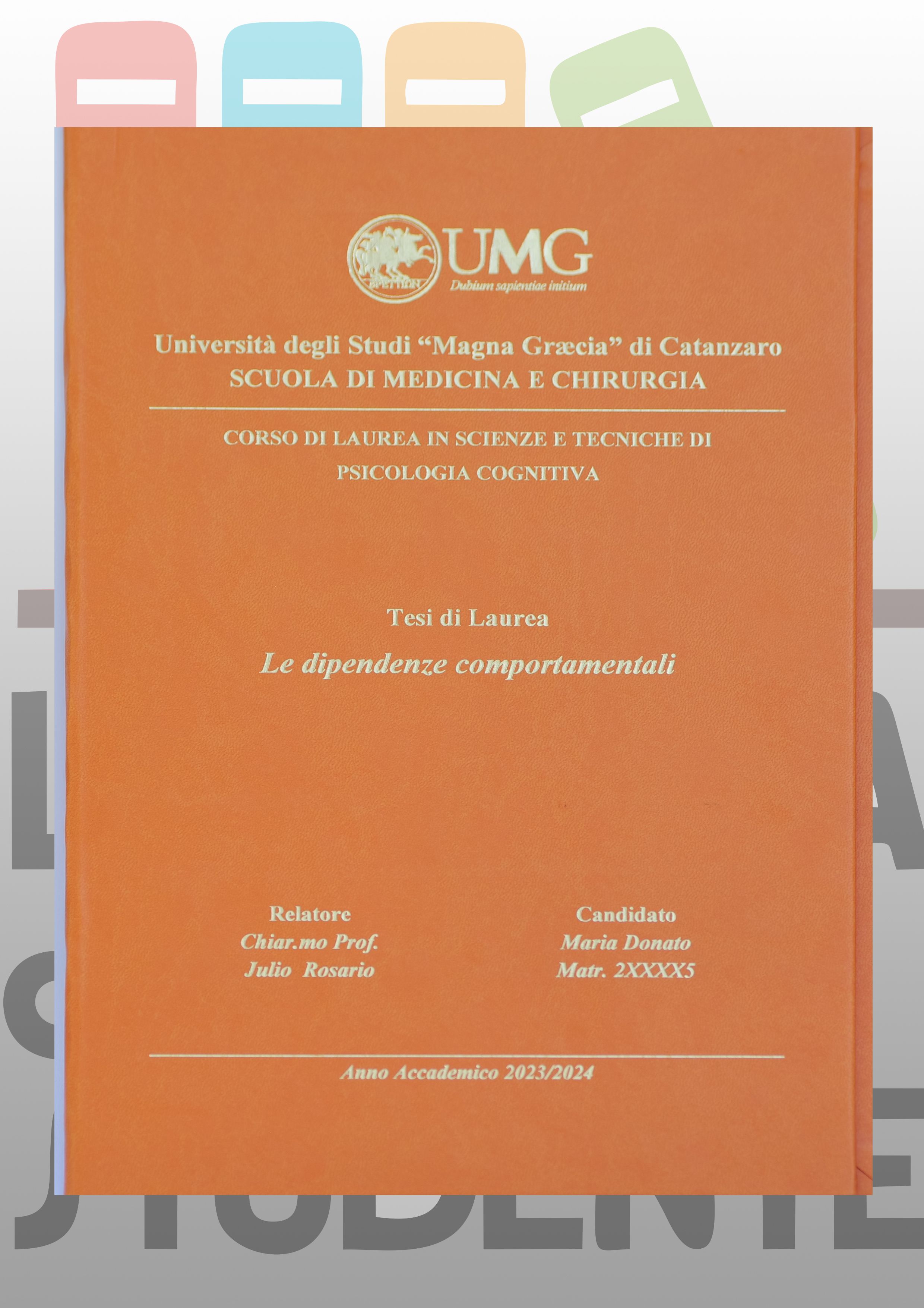 Rilegatura Tesi di Laurea CORALLO ARANCIO stampa oro/argento/rosso/celeste/nero
