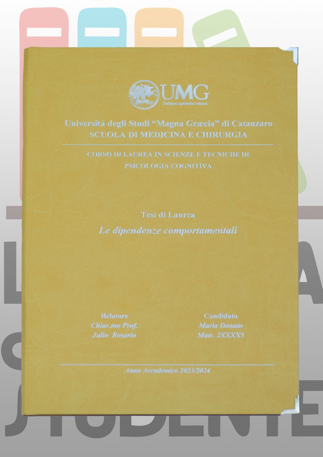 Rilegatura Tesi di Laurea CORALLO GIALLO stampa oro /argento
