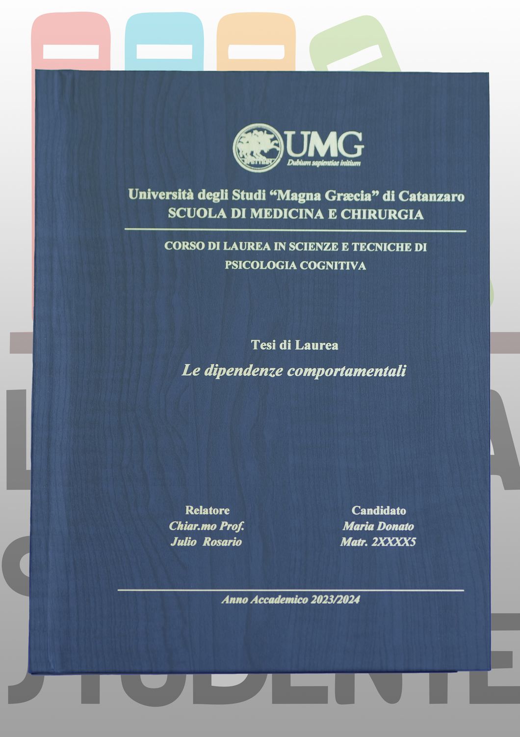 ​Rilegatura Tesi di Laurea LEGNO BLU  stampa oro/argento