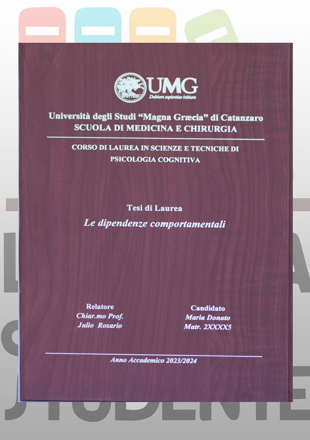 Rilegatura Tesi di Laurea LEGNO BORDO' stampa oro /argento