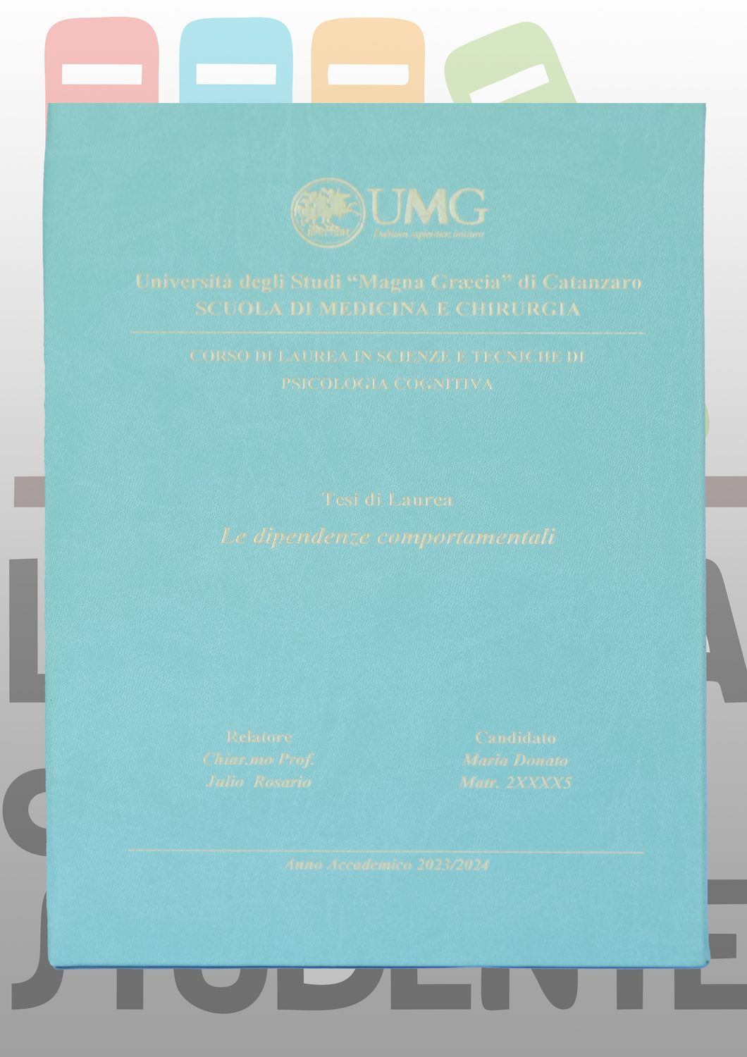 Rilegatura Tesi di Laurea CORALLO TURCHESE stampa oro /argento