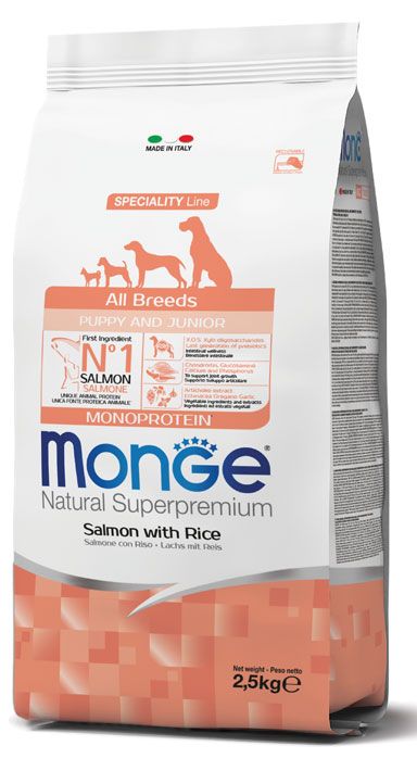 MONGE Natural Superpremium All Breeds Puppy & Junior Monoprotein Salmone con Riso