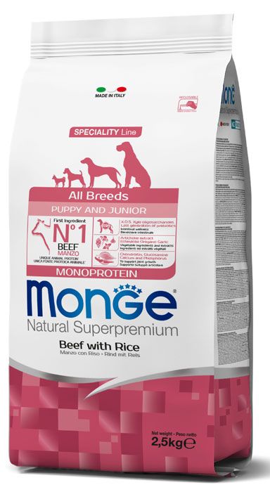 MONGE Natural Superpremium All Breeds Puppy & Junior Monoprotein Manzo con Riso