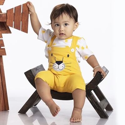 Embroidered Dungaree and Printed Half Sleeves Cotton T-Shirt Set For Baby Boy