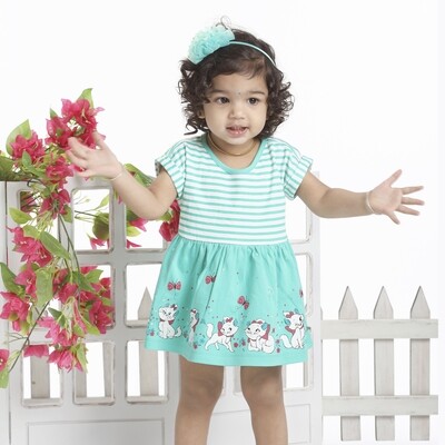 Cotton Frock With Stripes &amp; Kitten Print For Baby Girl