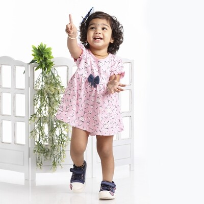 Cap Sleeves Printed Cotton Frock With Pocket For Baby Girl