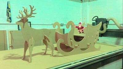 Large MDF Santa sleigh and reindeer prop party 4ft long - sit in sleigh picture photo props event wood balloons backdrop free standing