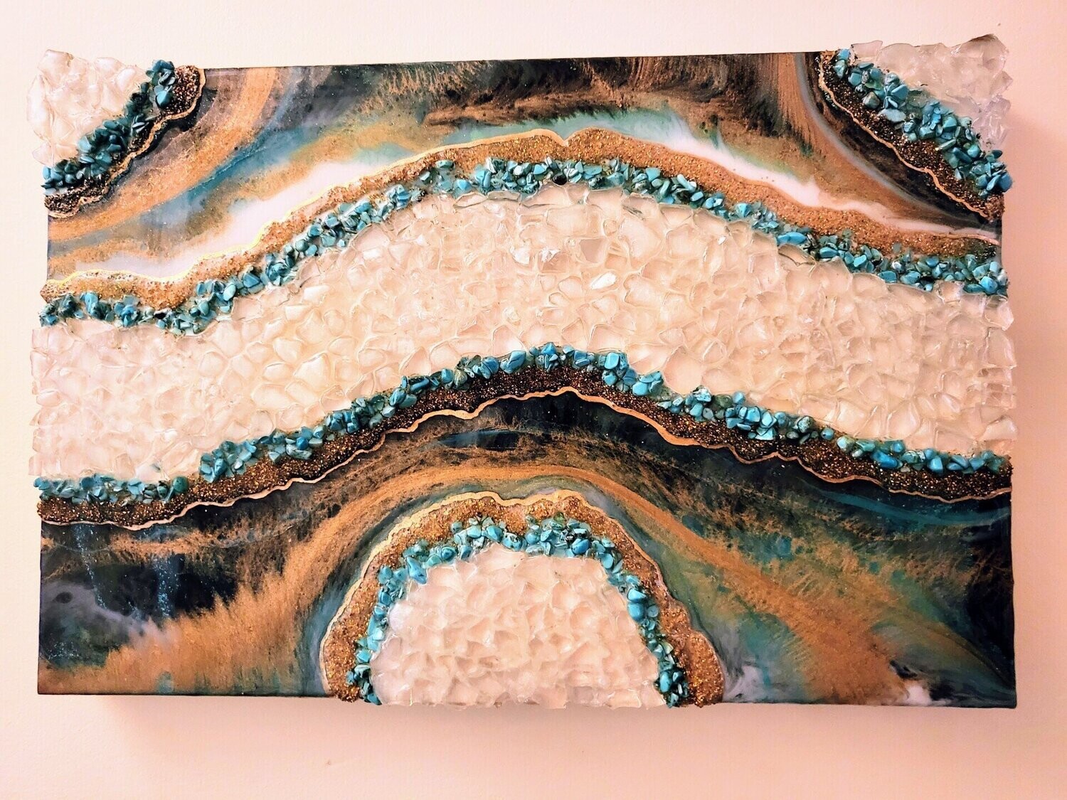 18 x 12 inch Turquoise & Gold Inspired Resin Geode Piece
