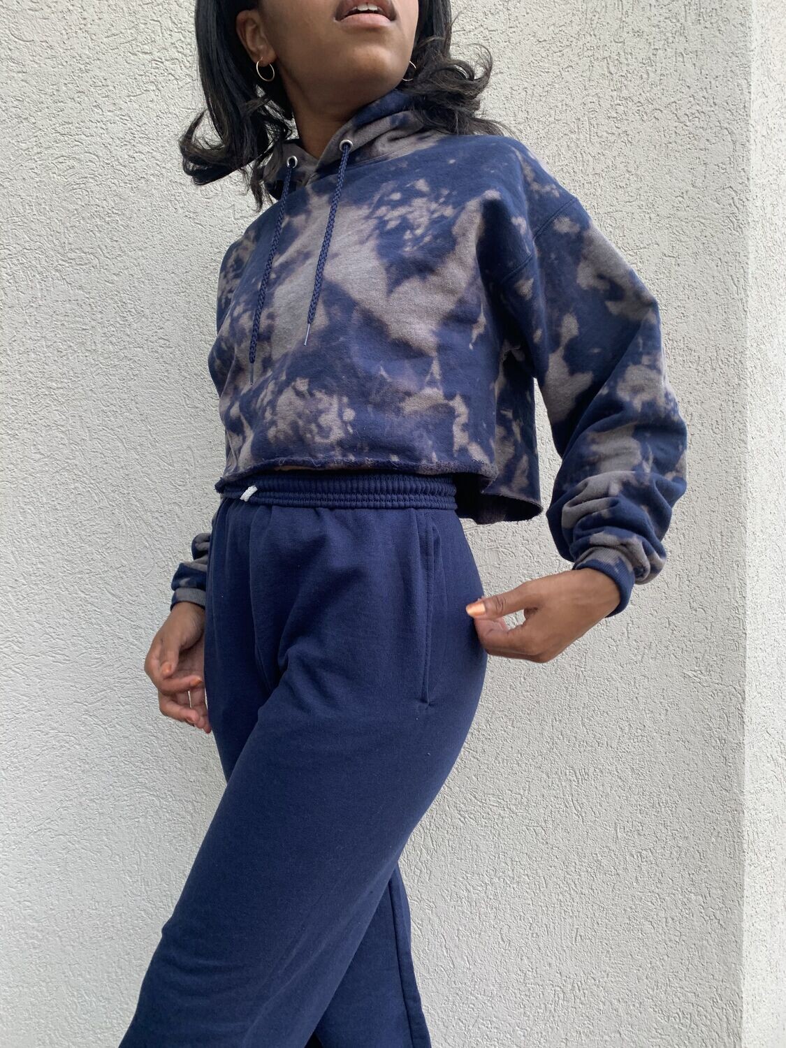 bleach dye cropped hoodie set