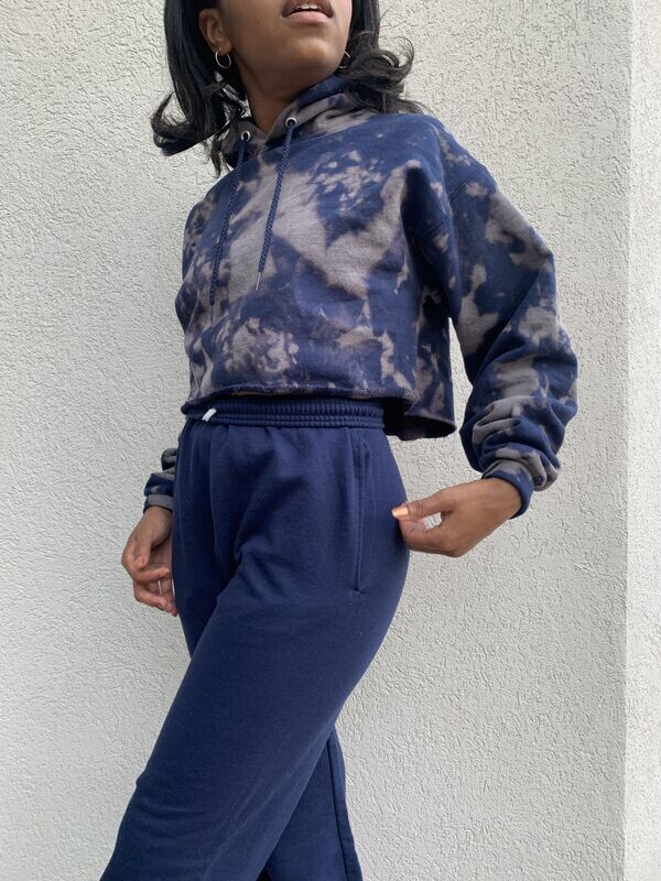 bleach dye cropped hoodie set
