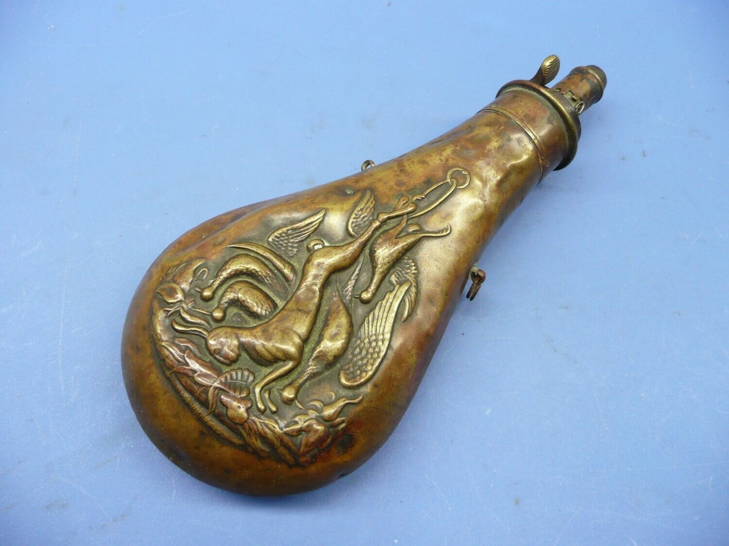 Antique Brass Powder Flask, Pheasants & Hares