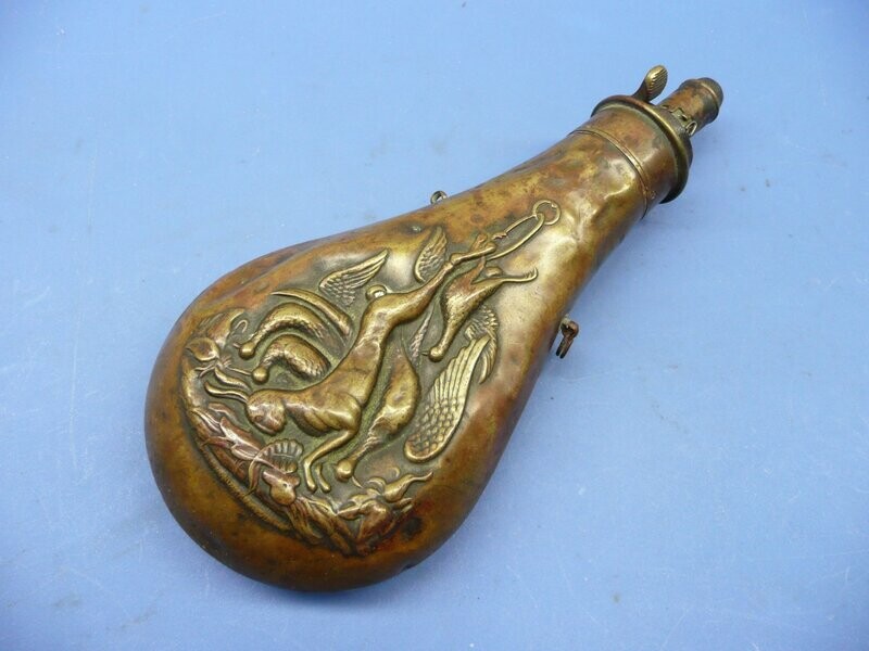 Antique Brass Powder Flask, Pheasants & Hares