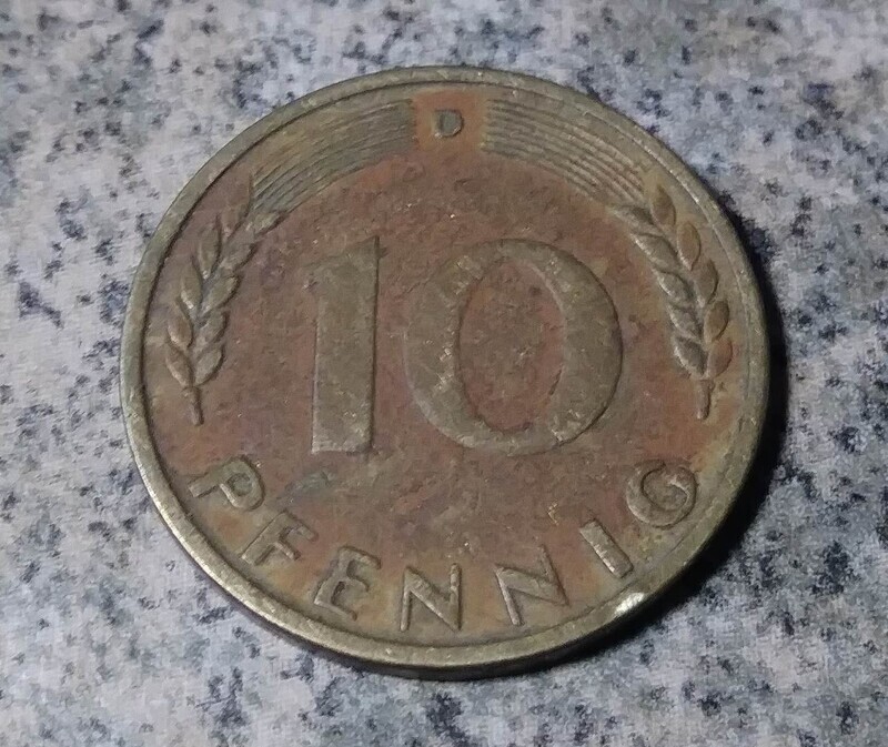 Germany , 1949-D,  10 Pfennig,  Round Grain Variant