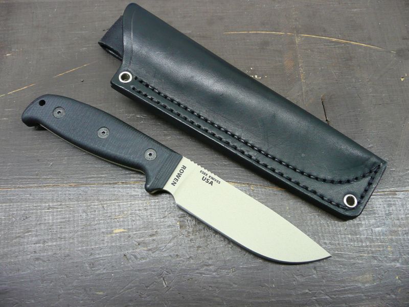 ESEE-4 Fixed Blade Knife, Desert Tan finish, G10 Extended Handles, Black leather sheath