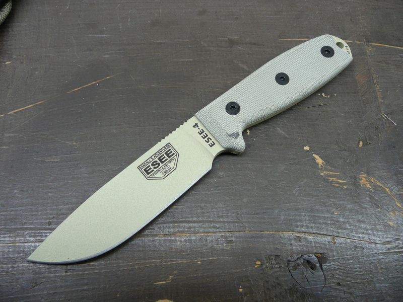 ESEE-4 Knife, Desert Tan Coating, Molle Back with black sheath ESEE-4 Knife, Desert Tan Coating, Molle Back with black sheath