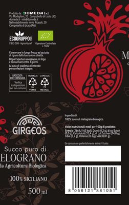 Succo Puro di Melograno BIO “Girgeos” 100 % SICILIANO