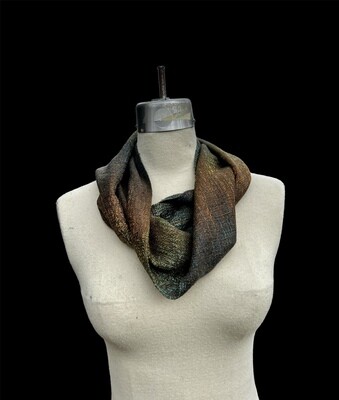 Handwoven Hand Dyed Cowl Seacell Tencel w Tussah Silk Greens Browns Gold