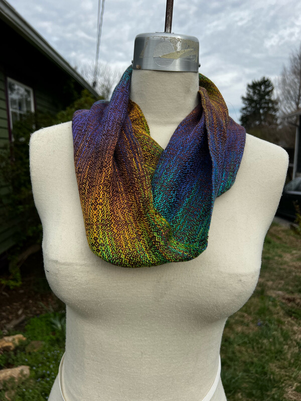 Handwoven Hand Dyed Single Loop Tencel Cowl Scarf Purple Aqua Gold Brown w Brown Weft