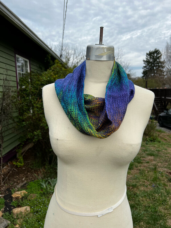 Handwoven Hand Dyed Single Loop Tencel Cowl Scarf Purple Aqua Gold Brown w Blue Weft