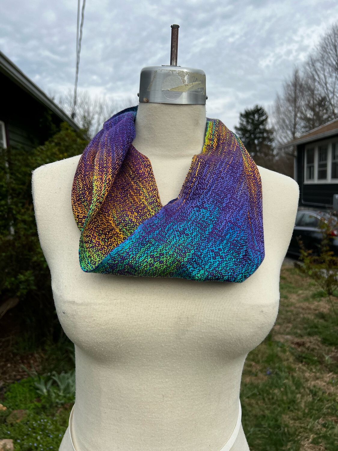 Handwoven Hand Dyed Single Loop Tencel Cowl Scarf Purple Aqua Gold Brown w Purple Weft