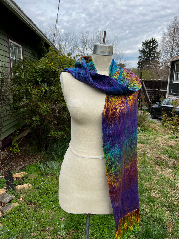 Handwoven Hand Dyed Tencel Scarf Purple Aqua Gold Brown w Purple Weft &amp; Fringe