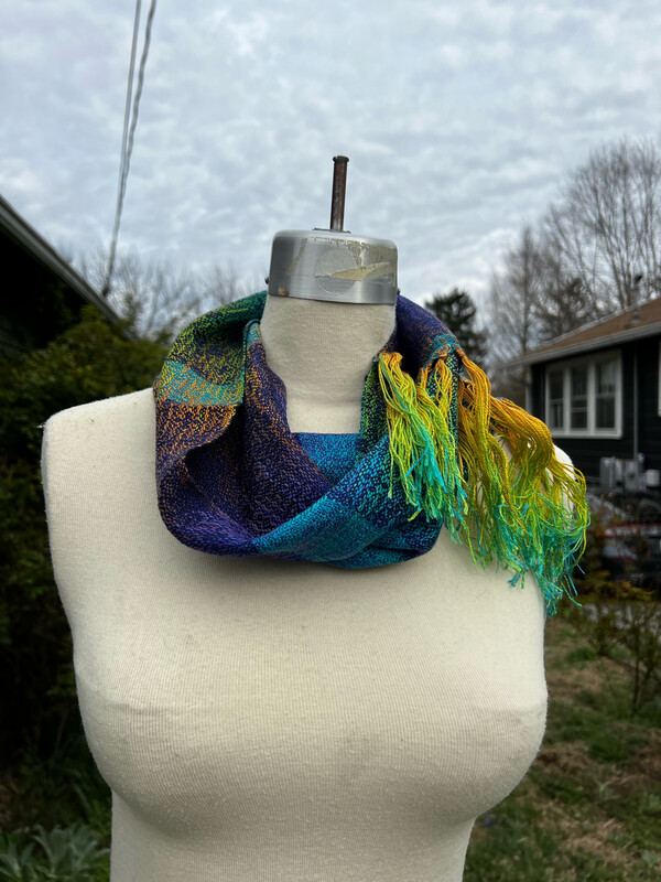 Handwoven Hand Dyed Single Loop Tencel Cowl Scarf Purple Aqua Gold Brown w Blue &amp; Aqua Weft &amp; Fringe