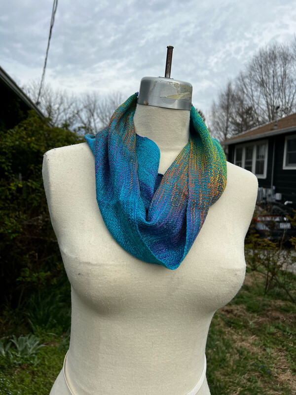 Handwoven Hand Dyed Single Loop Tencel Cowl Scarf Purple Aqua Gold Brown w Aqua Weft