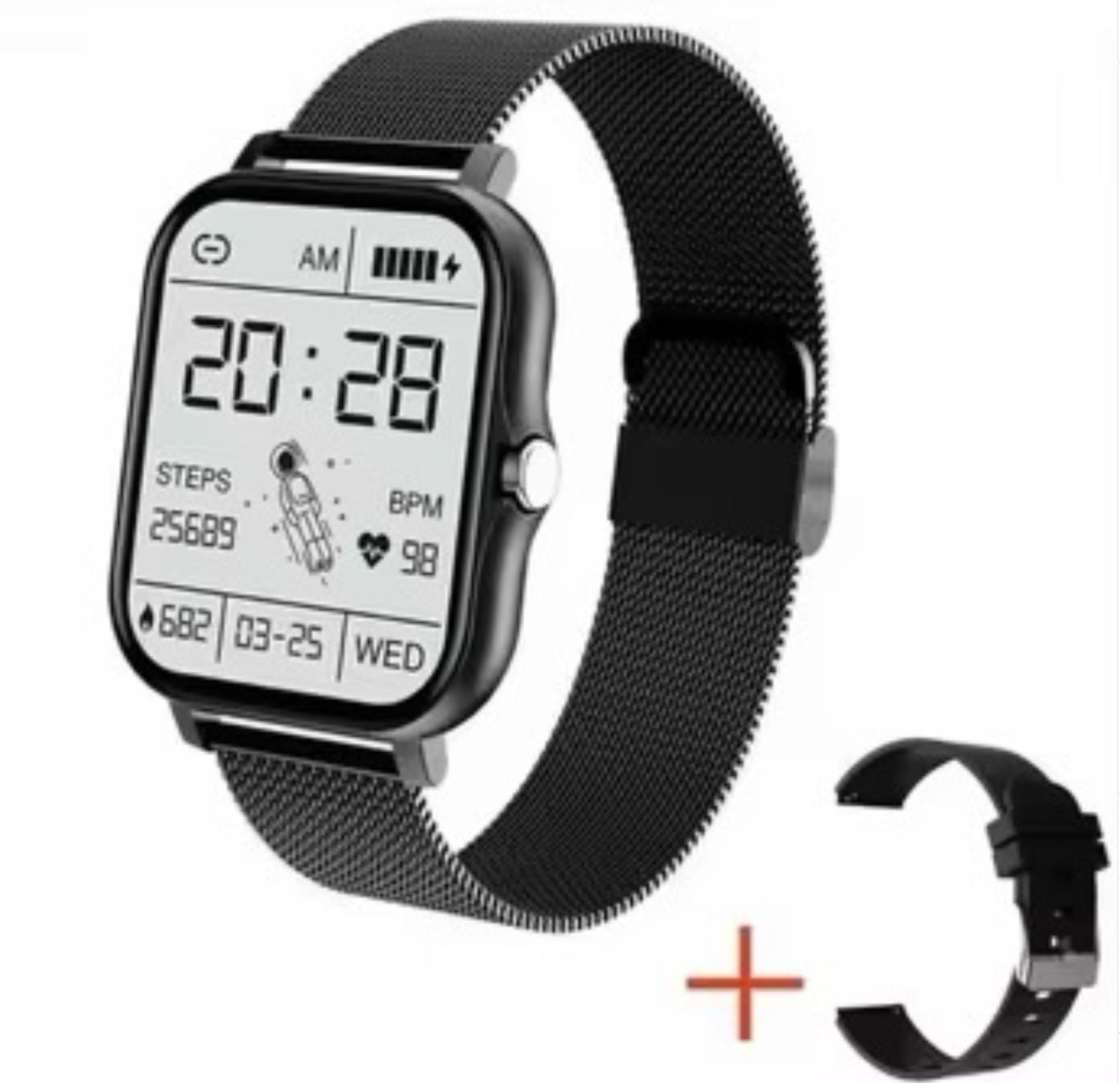 Smart Watch (Stainless Steel + Silicone Band), Colour: Black