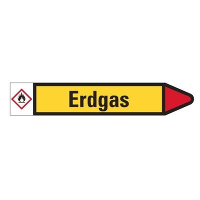 Erdgas Rohrleitungsbeschriftung mit Gefahrensymbol