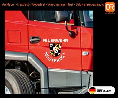 2 Stück Fahrzeugbeschriftung Feuerwehrfahrzeug mit Wappen - gebogen