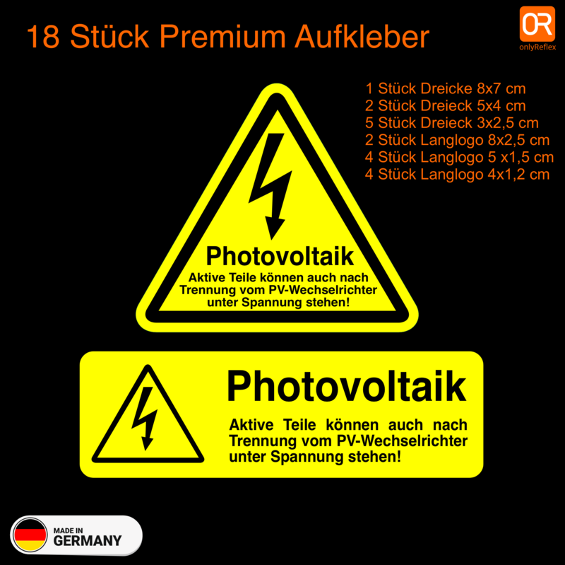 Photovoltaik 18 Stück Warnaufkleber Sortiment