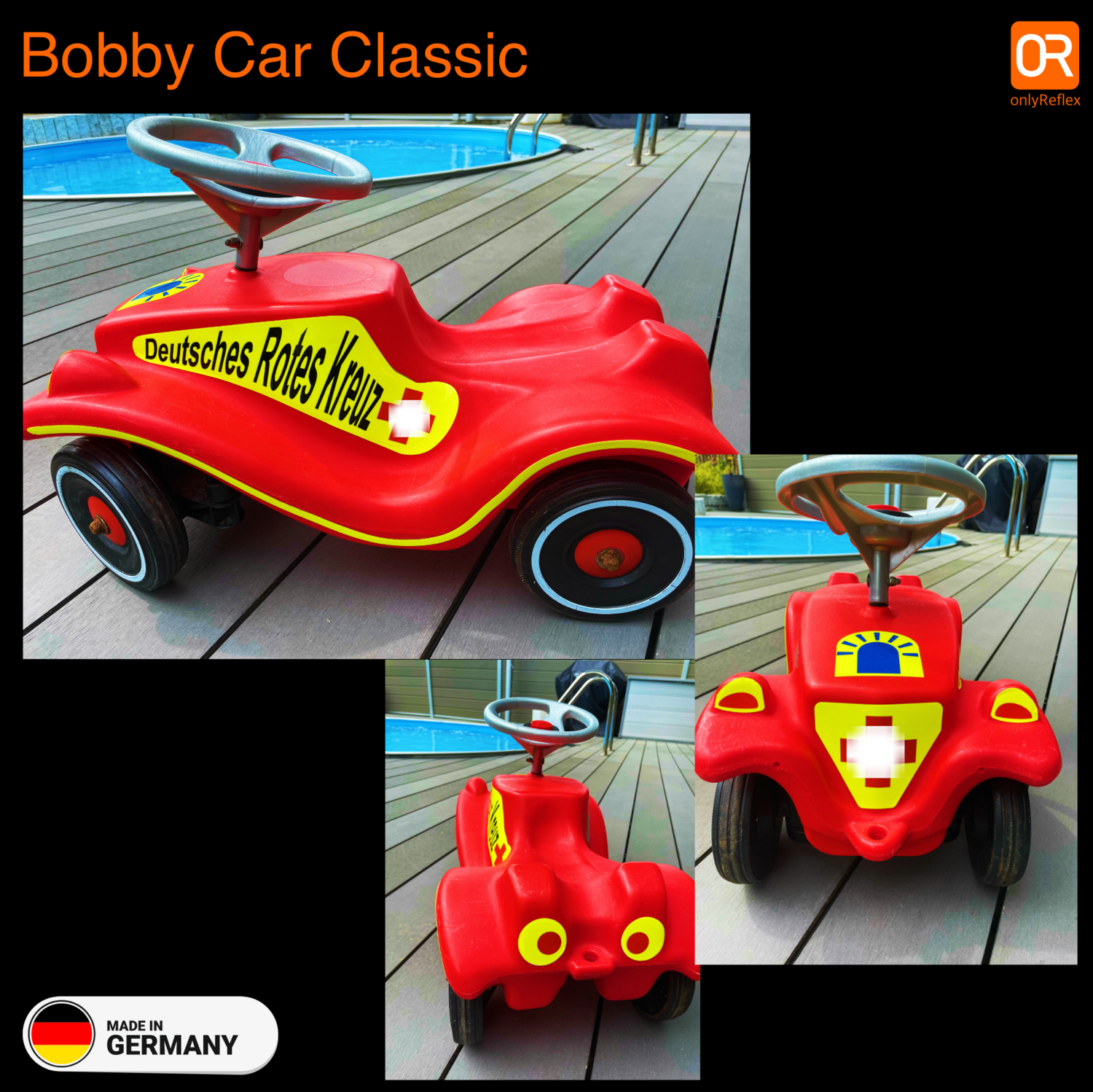 DRK Rotes Kreuz Bobby Car Classic, Aufkleber neongelb tagesleuchtend  flourezierend