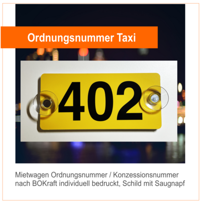 Taxi Ordnungsnummer / Konzessionsnummer nach BOKraft individuell bedruckt Premiumqualität, Aluminiumschild mit Saugnapf
