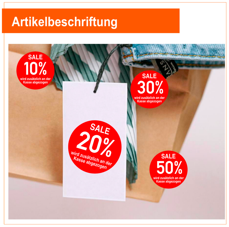 Artikelbeschriftung Rund Prozente (wird zusätzlich an der Kasse abgezogen)