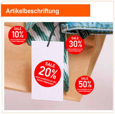 Artikelbeschriftung Rund Prozente (wird zusätzlich an der Kasse abgezogen)