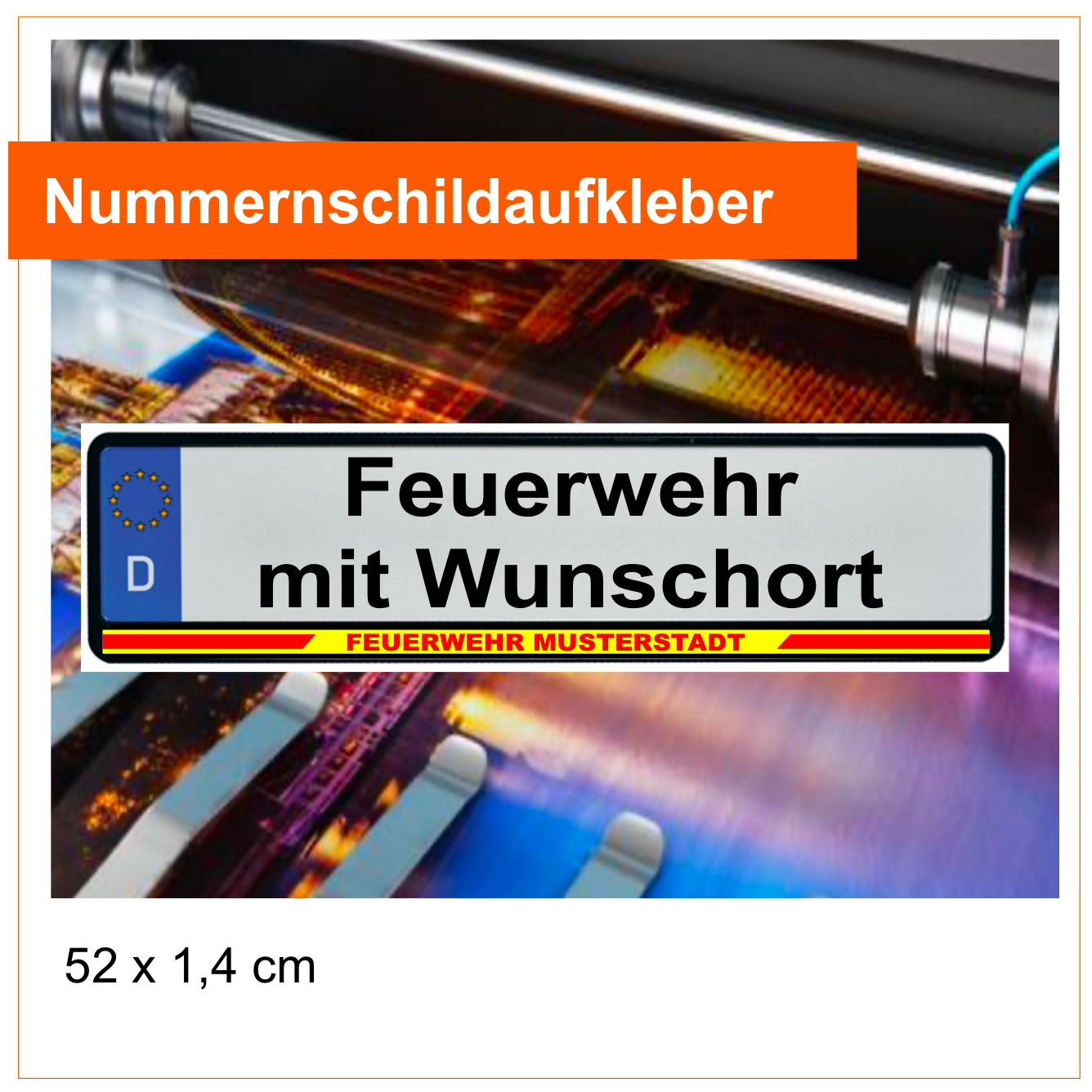 Feuerwehr mit Wunschort Nummernschildaufkleber, gelb fluoreszierender Hintergrund (VE 10 Stück)
