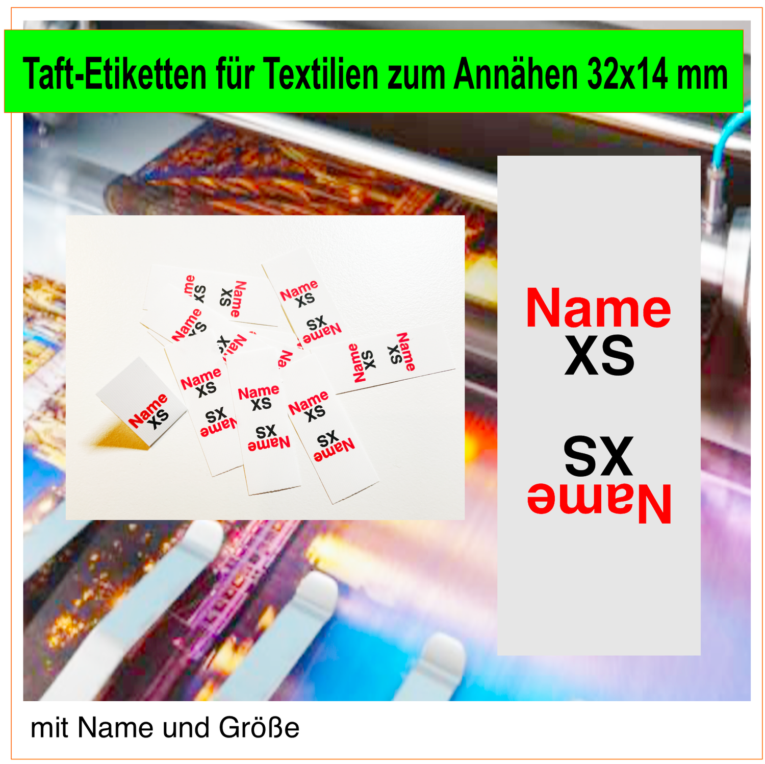 Taft-Etiketten für Textilien zum Annähen, 32x14 mm (Name+Größe)