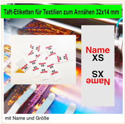 Taft-Etiketten für Textilien zum Annähen, 32x14 mm (Name+Größe)