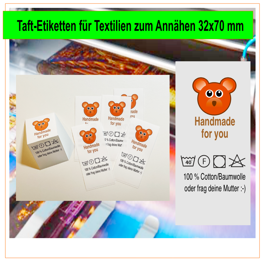 Taft-Etiketten für Textilien zum Annähen, 32x70 mm (Name+Größe+ Logo