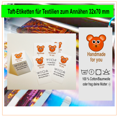 Taft-Etiketten für Textilien zum Annähen, 32x70 mm (Name+Größe+ Logo