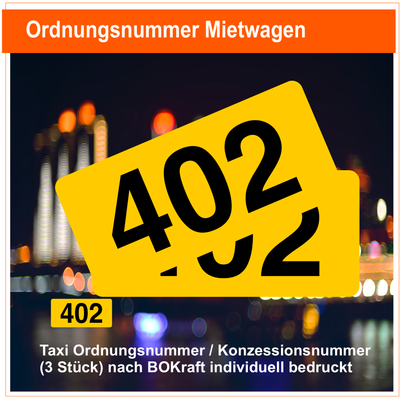 Taxi Ordnungsnummer / Konzessionsnummer (3 Stück) nach BOKraft individuell bedruckt Premiumqualität