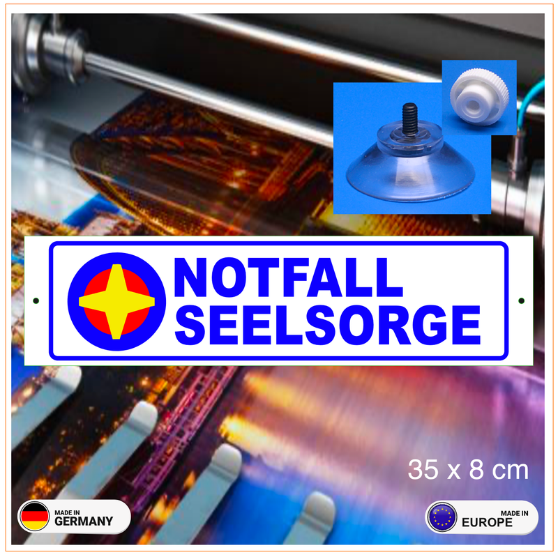 Notfallseelsorge, Schild mit Saugnapf Notfallseelsorge, Schild mit Saugnapf