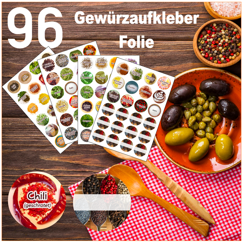96 Stück Gewürzaufkleber Wasserfest - UV-beständig - Folie 96 Stück Gewürzaufkleber Wasserfest - UV-beständig - Folie