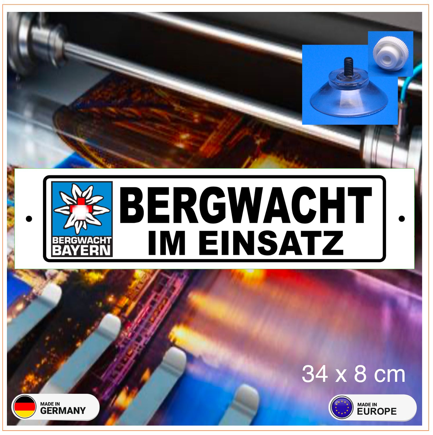 Bergwacht Bayern Schild mit Saugnapf Rechteckig-  ca.34x8 cm